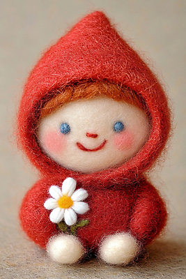 JPG 편집이미지 꽃 어린이 인형 채소 요정 한명 미소 앉기 빨간망토 편식 편집실사 양모펠트 AI포토 AI콘텐츠 식물 1 모션 표정 사람 망토 CG 양모 식생활 펠트 파일형식