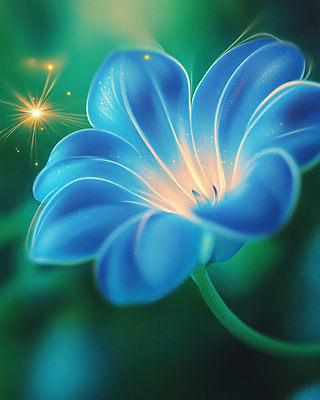 JPG 편집이미지 꽃 자연 사람없음 초록색 파란색 빛 반짝임 신비 디지털합성 편집실사 AI컴퓨터그래픽 AI콘텐츠 식물 컬러 컨셉 모션 CG 생태계 파일형식