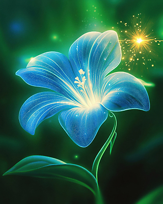 JPG 편집이미지 꽃 자연 사람없음 초록색 파란색 빛 반짝임 신비 디지털합성 편집실사 AI컴퓨터그래픽 AI콘텐츠 식물 컬러 컨셉 모션 CG 생태계 파일형식