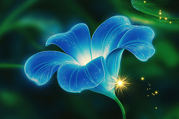 JPG 편집이미지 꽃 자연 사람없음 초록색 파란색 빛 반짝임 신비 디지털합성 편집실사 AI컴퓨터그래픽 AI콘텐츠 식물 컬러 컨셉 모션 CG 생태계 파일형식