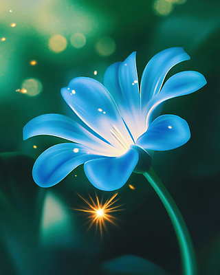 JPG 편집이미지 꽃 자연 사람없음 초록색 파란색 빛 반짝임 신비 디지털합성 보케 편집실사 AI컴퓨터그래픽 AI콘텐츠 식물 컬러 컨셉 모션 CG 생태계 파일형식