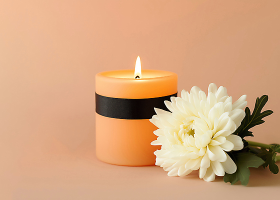 JPG 편집이미지 한송이 촛불 국화 사람없음 주황색 애도 위로 장례식 추모 편집실사 AI포토 AI콘텐츠 1 꽃 컬러 초 CG 송이 파일형식