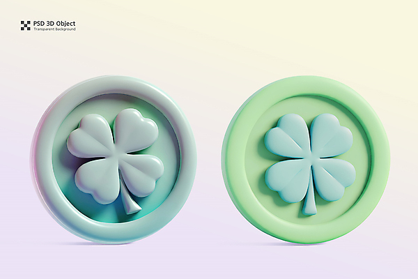 PSD 아이콘 사람없음 초록색 3D아이콘 3D 동전 행운 네잎클로버 그라데이션 편집3D 식물 컬러 컨셉 돈 클로버 디지털합성 파일형식