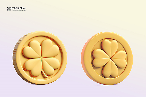 PSD 아이콘 사람없음 3D아이콘 노란색 3D 동전 행운 황금 네잎클로버 그라데이션 편집3D 식물 컬러 컨셉 돈 클로버 디지털합성 파일형식