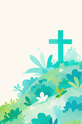 JPG 기독교 십자가 잎 일러스트 사람없음 봄 풀 언덕 민트색 싱그러움 국내일러스트 AI일러스트 AI콘텐츠 식물 계절 종교 컬러 파일형식