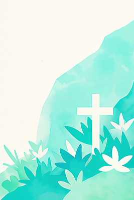 JPG 기독교 십자가 잎 일러스트 사람없음 봄 바위 풀 민트색 싱그러움 국내일러스트 AI일러스트 AI콘텐츠 식물 계절 종교 컬러 돌_바위 파일형식