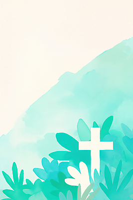 JPG 기독교 십자가 잎 일러스트 사람없음 봄 풀 언덕 민트색 싱그러움 국내일러스트 AI일러스트 AI콘텐츠 식물 계절 종교 컬러 파일형식