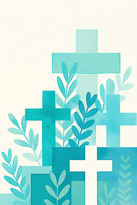 JPG 기독교 십자가 잎 일러스트 사람없음 봄 민트색 싱그러움 국내일러스트 AI일러스트 AI콘텐츠 식물 계절 종교 컬러 파일형식