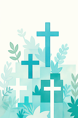 JPG 기독교 십자가 잎 일러스트 사람없음 봄 풀 민트색 싱그러움 국내일러스트 AI일러스트 AI콘텐츠 식물 계절 종교 컬러 파일형식