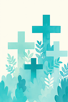 JPG 기독교 십자가 잎 일러스트 사람없음 봄 풀 민트색 싱그러움 국내일러스트 AI일러스트 AI콘텐츠 식물 계절 종교 컬러 파일형식