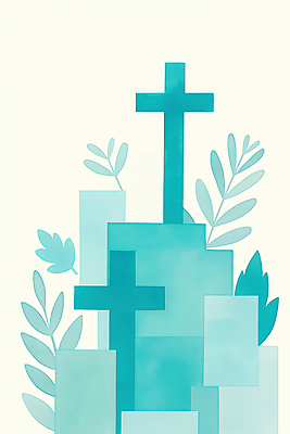 JPG 기독교 십자가 잎 일러스트 사람없음 봄 민트색 싱그러움 국내일러스트 AI일러스트 AI콘텐츠 식물 계절 종교 컬러 파일형식