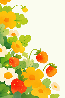 JPG 잎 일러스트 딸기 따뜻함 사람없음 빨간색 귀여움 봄 딸기꽃 국내일러스트 AI일러스트 AI콘텐츠 식물 계절 꽃 컬러 컨셉 과일 파일형식