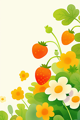 JPG 잎 일러스트 딸기 따뜻함 사람없음 빨간색 귀여움 봄 딸기꽃 국내일러스트 AI일러스트 AI콘텐츠 식물 계절 꽃 컬러 컨셉 과일 파일형식