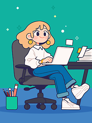 전신 여자 일러스트 한명 앉기 성인 책 노트북 반짝임 펜 귀걸이 다리꼬기 작업 디자이너 책상 문서 연필꽂이 바퀴의자 성인여자한명만 국내일러스트 AI파일 직업 1 가구 의자 장신구 모션 문구용품 사람 전자제품 필기구 여자한명만 성인여자만 파일형식 벡터