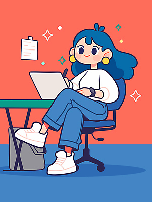 전신 여자 가방 일러스트 한명 앉기 성인 책 노트북 반짝임 펜 귀걸이 다리꼬기 메모지 작업 디자이너 손목시계 책상 바퀴의자 성인여자한명만 국내일러스트 AI파일 직업 1 잡화 시계 가구 의자 장신구 모션 사람 전자제품 필기구 사무용품 여자한명만 성인여자만 파일형식 벡터