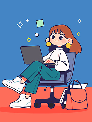 전신 여자 가방 일러스트 한명 앉기 성인 책 노트북 반짝임 펜 귀걸이 다리꼬기 작업 디자이너 책상 바퀴의자 성인여자한명만 국내일러스트 AI파일 직업 1 잡화 가구 의자 장신구 모션 사람 전자제품 필기구 여자한명만 성인여자만 파일형식 벡터