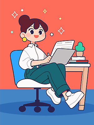 전신 여자 화분 일러스트 한명 앉기 성인 책 노트북 반짝임 펜 귀걸이 작업 디자이너 책상 문서 바퀴의자 성인여자한명만 국내일러스트 AI파일 직업 1 가구 의자 장신구 모션 사람 전자제품 필기구 여자한명만 성인여자만 파일형식 벡터