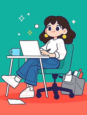 전신 여자 일러스트 한명 앉기 성인 책 노트북 반짝임 펜 귀걸이 머그컵 다리꼬기 작업 디자이너 책상 바퀴의자 성인여자한명만 국내일러스트 AI파일 직업 1 가구 의자 장신구 모션 사람 컵 전자제품 필기구 여자한명만 성인여자만 파일형식 벡터