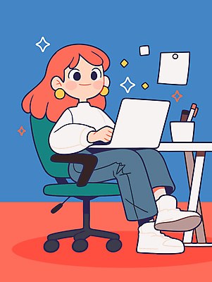 전신 여자 일러스트 한명 앉기 성인 책 노트북 반짝임 펜 귀걸이 다리꼬기 메모지 작업 디자이너 책상 연필꽂이 바퀴의자 성인여자한명만 국내일러스트 AI파일 직업 1 가구 의자 장신구 모션 문구용품 사람 전자제품 필기구 사무용품 여자한명만 성인여자만 파일형식 벡터