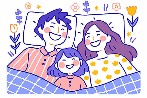 여자 남자 꽃 행복 어린이 잎 일러스트 가족 베개 휴식 사랑 웃음 소녀 상반신 성인 세명 눕기 화목 이불 잠 국내일러스트 AI파일 식물 감정 컨셉 관계 침구 모션 표정 사람 파일형식 벡터