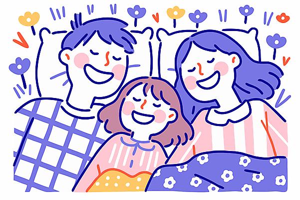 여자 남자 꽃 행복 어린이 잎 일러스트 가족 베개 휴식 사랑 웃음 소녀 상반신 성인 세명 눕기 화목 이불 잠 국내일러스트 AI파일 식물 감정 컨셉 관계 침구 모션 표정 사람 파일형식 벡터