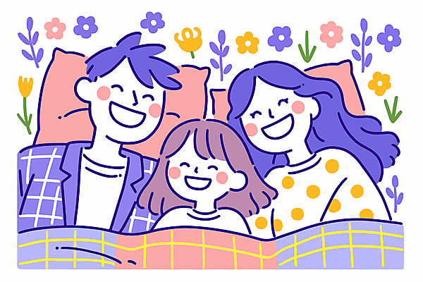 여자 남자 꽃 행복 어린이 잎 일러스트 가족 베개 휴식 사랑 웃음 소녀 상반신 성인 세명 눕기 화목 이불 잠 국내일러스트 AI파일 식물 감정 컨셉 관계 침구 모션 표정 사람 파일형식 벡터