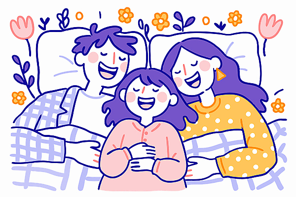 여자 남자 꽃 행복 어린이 잎 일러스트 가족 베개 휴식 사랑 웃음 소녀 상반신 성인 세명 눕기 화목 이불 잠 국내일러스트 AI파일 식물 감정 컨셉 관계 침구 모션 표정 사람 파일형식 벡터