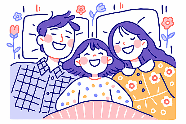 여자 남자 꽃 행복 어린이 잎 일러스트 가족 베개 휴식 사랑 웃음 소녀 상반신 성인 세명 눕기 화목 이불 잠 국내일러스트 AI파일 식물 감정 컨셉 관계 침구 모션 표정 사람 파일형식 벡터
