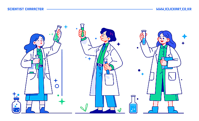 전신 응시 여자 남자 일러스트 실험 들기 성인 세명 파란색 반짝임 액체 과학자 플라스크 위생가운 성인만 일러캐릭터 AI파일 직업 캐릭터 시선 컬러 과학 모션 실험기구 사람 가운 학자 파일형식 벡터
