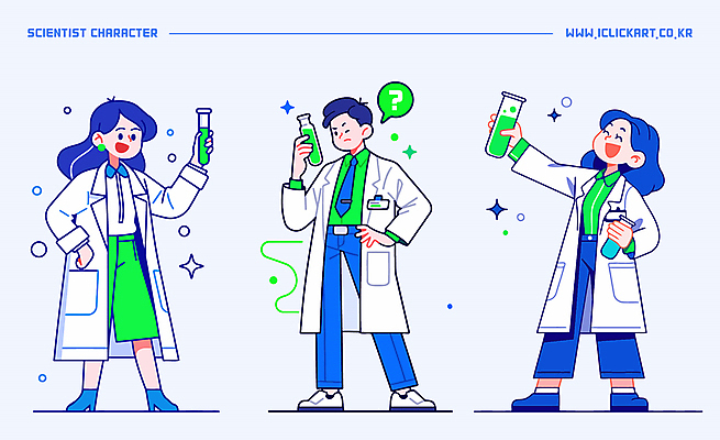 전신 응시 여자 남자 허리손 말풍선 일러스트 실험 들기 성인 세명 파란색 반짝임 액체 과학자 플라스크 위생가운 성인만 일러캐릭터 AI파일 직업 캐릭터 시선 컬러 과학 포즈 모션 실험기구 사람 가운 학자 파일형식 벡터
