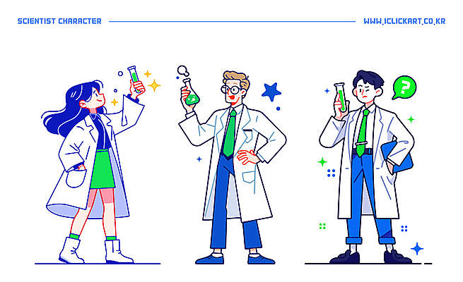 전신 응시 여자 남자 별 허리손 말풍선 일러스트 실험 들기 성인 세명 파란색 반짝임 액체 과학자 주머니손 삼각플라스크 서류판 위생가운 성인만 일러캐릭터 AI파일 자연요소 직업 캐릭터 시선 컬러 과학 포즈 모션 사람 사무용품 가운 플라스크 학자 파일형식 벡터