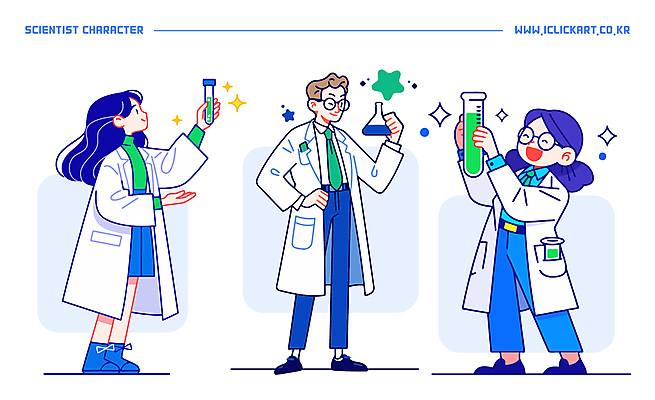 전신 응시 여자 남자 별 허리손 일러스트 실험 들기 성인 세명 파란색 반짝임 액체 과학자 삼각플라스크 위생가운 성인만 일러캐릭터 AI파일 자연요소 직업 캐릭터 시선 컬러 과학 포즈 모션 사람 가운 플라스크 학자 파일형식 벡터