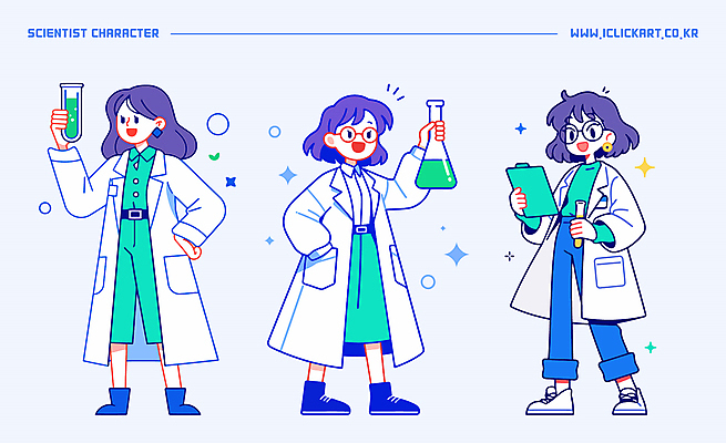 전신 여자 허리손 일러스트 실험 들기 성인 세명 파란색 액체 과학자 주머니손 삼각플라스크 서류판 위생가운 성인여자만 안경낌 일러캐릭터 AI파일 직업 캐릭터 안경 컬러 과학 포즈 모션 사람 사무용품 가운 플라스크 학자 여자만 성인만 파일형식 벡터