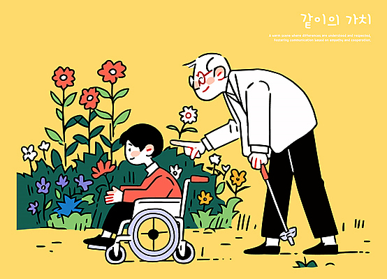 전신 노년 남자 어린이 꽃밭 일러스트 지팡이 함께함 허리숙이기 소년 두명 노란색 가리킴 도움 승차 장애인 휠체어 가치 배려 남자만 안경낌 국내일러스트 AI파일 꽃 안경 컬러 컨셉 모션 숙이기 사람 손짓 성인 장애 파일형식 벡터