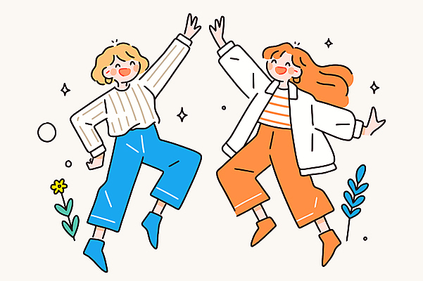 전신 여자 꽃 행복 잎 일러스트 새출발 웃음 성인 두명 반짝임 손들기 점프 우정 하이파이브 반가움 성인여자만 일러캐릭터 AI파일 식물 캐릭터 감정 모션 새로움 표정 사람 손짓 친구 출발 여자만 성인만 파일형식 벡터