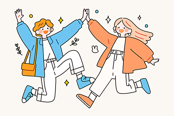 전신 여자 행복 잎 가방 일러스트 새출발 웃음 성인 두명 반짝임 점프 귀걸이 우정 만세 하이파이브 반가움 성인여자만 일러캐릭터 AI파일 식물 캐릭터 잡화 감정 장신구 모션 새로움 표정 사람 손짓 친구 출발 여자만 성인만 파일형식 벡터