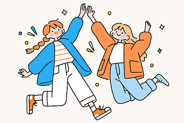 전신 여자 행복 어린이 일러스트 새출발 웃음 소녀 두명 반짝임 손들기 점프 우정 하이파이브 반가움 소녀만 일러캐릭터 AI파일 캐릭터 감정 모션 새로움 표정 사람 손짓 친구 출발 여자만 어린이만 파일형식 벡터