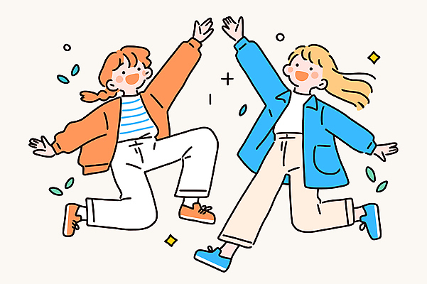 전신 여자 행복 어린이 잎 일러스트 새출발 웃음 소녀 두명 반짝임 손들기 점프 우정 하이파이브 반가움 소녀만 일러캐릭터 AI파일 식물 캐릭터 감정 모션 새로움 표정 사람 손짓 친구 출발 여자만 어린이만 파일형식 벡터