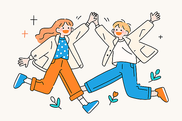 전신 여자 꽃 행복 어린이 잎 일러스트 새출발 웃음 소녀 두명 반짝임 손들기 점프 우정 만세 하이파이브 반가움 소녀만 일러캐릭터 AI파일 식물 캐릭터 감정 모션 새로움 표정 사람 손짓 친구 출발 여자만 어린이만 파일형식 벡터