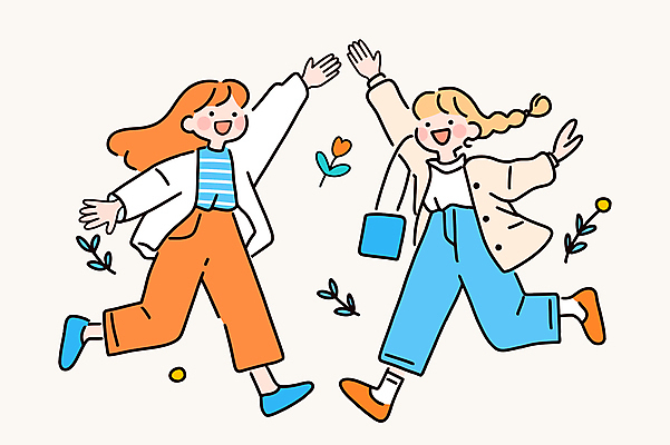 전신 여자 꽃 행복 어린이 잎 가방 일러스트 새출발 웃음 소녀 두명 달리기 손들기 우정 하이파이브 반가움 소녀만 일러캐릭터 AI파일 식물 캐릭터 잡화 감정 모션 새로움 표정 사람 손짓 친구 출발 여자만 어린이만 파일형식 벡터