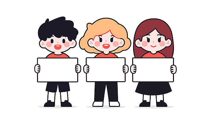 전신 학생 여자 남자 어린이 일러스트 미소 웃음 들기 소녀 소년 세명 팻말 어린이만 카피스페이스 일러캐릭터 AI파일 캐릭터 모션 프레임 표정 사람 공백 파일형식 벡터