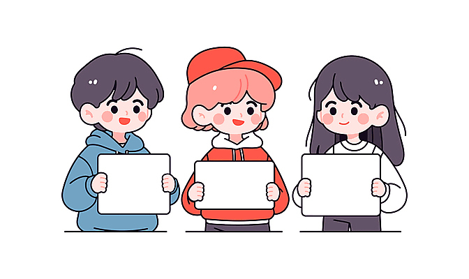 학생 여자 남자 어린이 일러스트 미소 웃음 들기 소녀 소년 세명 팻말 어린이만 카피스페이스 일러캐릭터 AI파일 캐릭터 모션 프레임 표정 사람 공백 파일형식 벡터