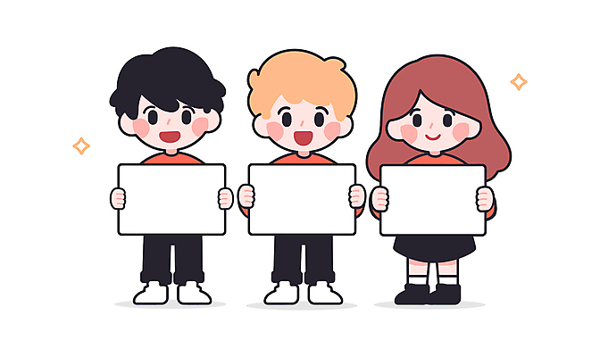 전신 학생 여자 남자 어린이 일러스트 미소 웃음 들기 소녀 소년 세명 반짝임 팻말 어린이만 카피스페이스 일러캐릭터 AI파일 캐릭터 모션 프레임 표정 사람 공백 파일형식 벡터