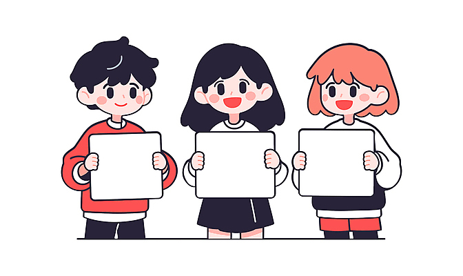 학생 여자 남자 어린이 일러스트 미소 웃음 들기 소녀 소년 세명 팻말 어린이만 카피스페이스 일러캐릭터 AI파일 캐릭터 모션 프레임 표정 사람 공백 파일형식 벡터