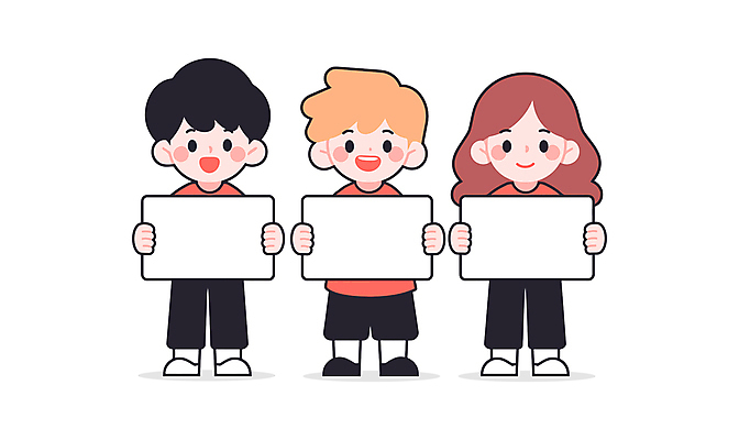 전신 학생 여자 남자 어린이 일러스트 미소 웃음 들기 소녀 소년 세명 팻말 어린이만 카피스페이스 일러캐릭터 AI파일 캐릭터 모션 프레임 표정 사람 공백 파일형식 벡터