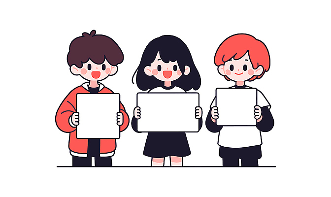 학생 여자 남자 어린이 일러스트 미소 웃음 들기 소녀 소년 세명 팻말 어린이만 카피스페이스 일러캐릭터 AI파일 캐릭터 모션 프레임 표정 사람 공백 파일형식 벡터