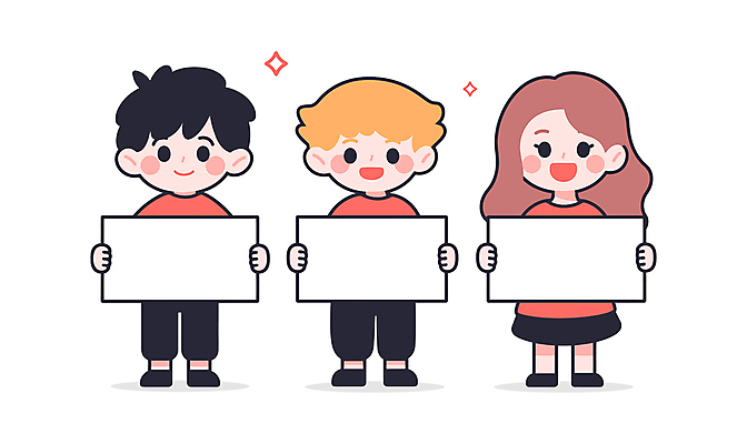 전신 학생 여자 남자 어린이 일러스트 미소 웃음 들기 소녀 소년 세명 반짝임 팻말 어린이만 카피스페이스 일러캐릭터 AI파일 캐릭터 모션 프레임 표정 사람 공백 파일형식 벡터