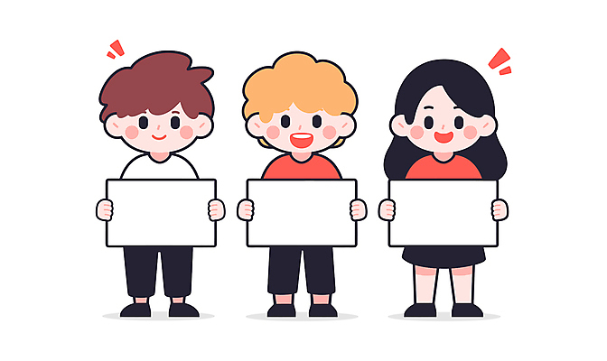 전신 학생 여자 남자 어린이 일러스트 미소 웃음 들기 소녀 소년 세명 팻말 어린이만 카피스페이스 일러캐릭터 AI파일 캐릭터 모션 프레임 표정 사람 공백 파일형식 벡터