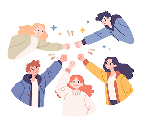 여자 남자 일러스트 함께함 여러명 상반신 성인 반짝임 손들기 주먹 우정 성인만 국내일러스트 AI파일 다수 컨셉 모션 사람 친구 파일형식 벡터