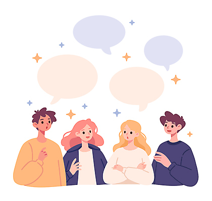 여자 남자 말풍선 일러스트 함께함 대화 여러명 상반신 성인 반짝임 손들기 우정 모임 성인만 국내일러스트 AI파일 다수 컨셉 모션 말하기 사람 친구 파일형식 벡터